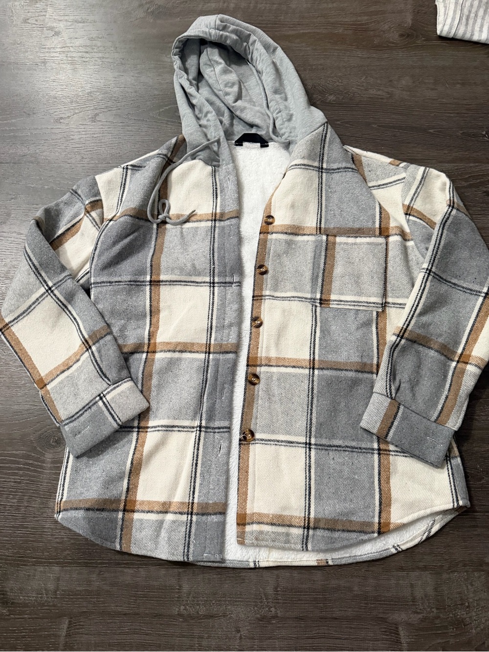 chic Hooded Plaid Shacket Jacket - Gray, Cream & Brown